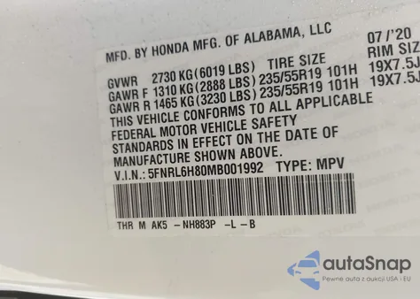 2021 Honda Odyssey Touring из США, поврежденный, VIN 5FNRL6H80MB001992